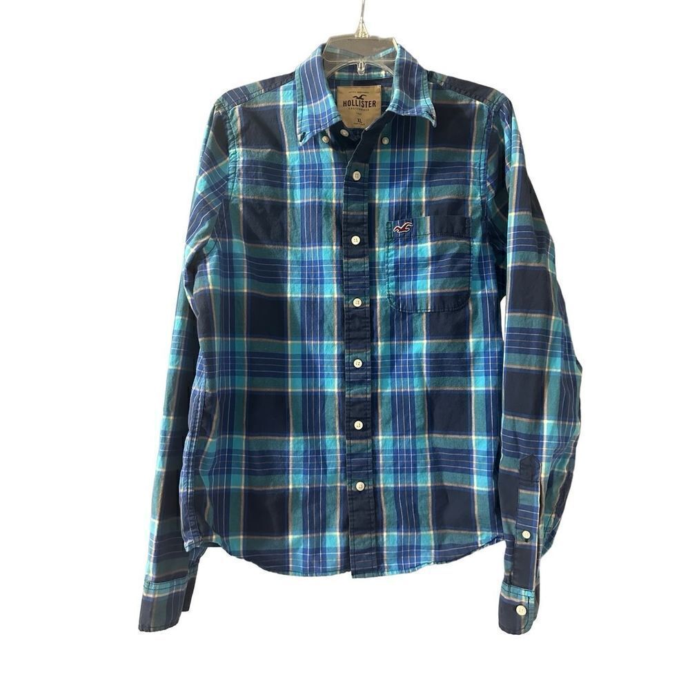 Hollister Men's Plaid Long Sleeve Button-Up Shirt Blue XL